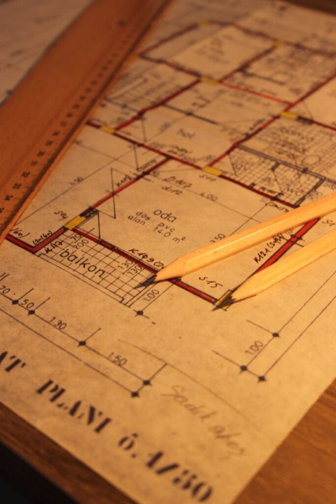 Close-up of architectural floor plan with pencil and ruler, ideal for design concepts.